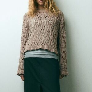 RUFFLE-TRIMMED POINTELLE-KNIT SWEATER